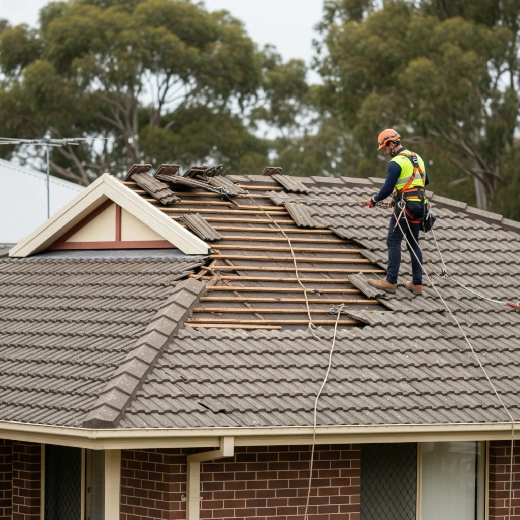 Roofer inspecting cracked roof tiles for leaks